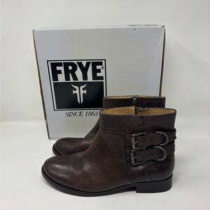 FRYE Molly Dark Brown Leather Double Buckle Flat Ankle Boots Size 7